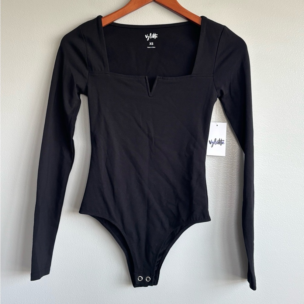NWT Vylette Long Sleeve Square Neck Notch Bodysuit Solid Black Size XSmall